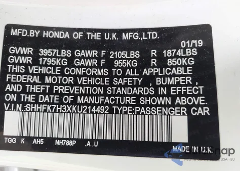 2019 Honda Civic Lx из США, поврежденный, VIN SHHFK7H3XKU214492